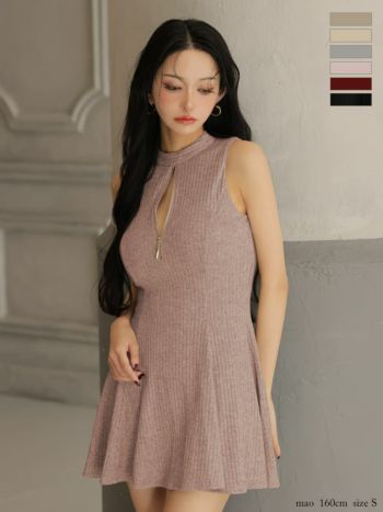 キャバドレス Glossy by ROBE de FLEURS グロッシー ジップデザイン ラメニット セクシー ハイネック ノースリーブ フレアミニドレス