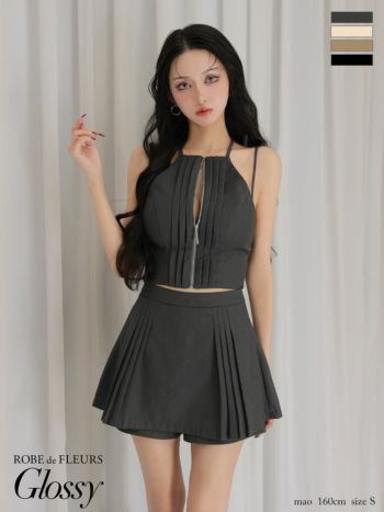 キャバドレス Glossy by ROBE de FLEURS グロッシー セクシー ホルターネック ジップデザイン タック セットアップ フレアミニドレス