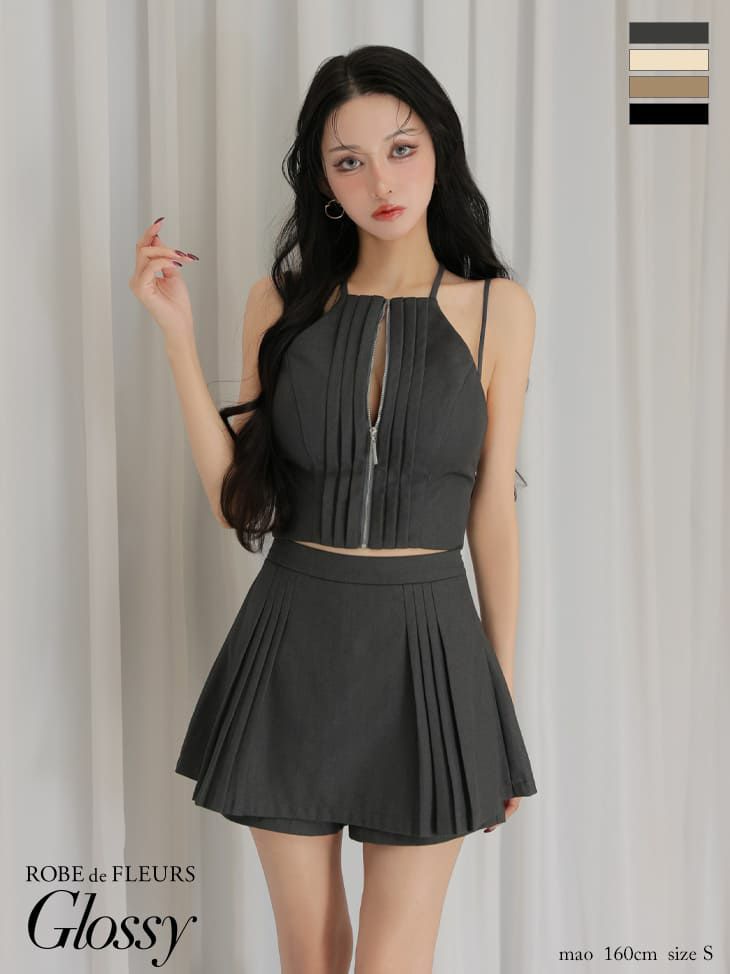 キャバドレス Glossy by ROBE de FLEURS グロッシー セクシー ホルターネック ジップデザイン タック セットアップ フレアミニドレス