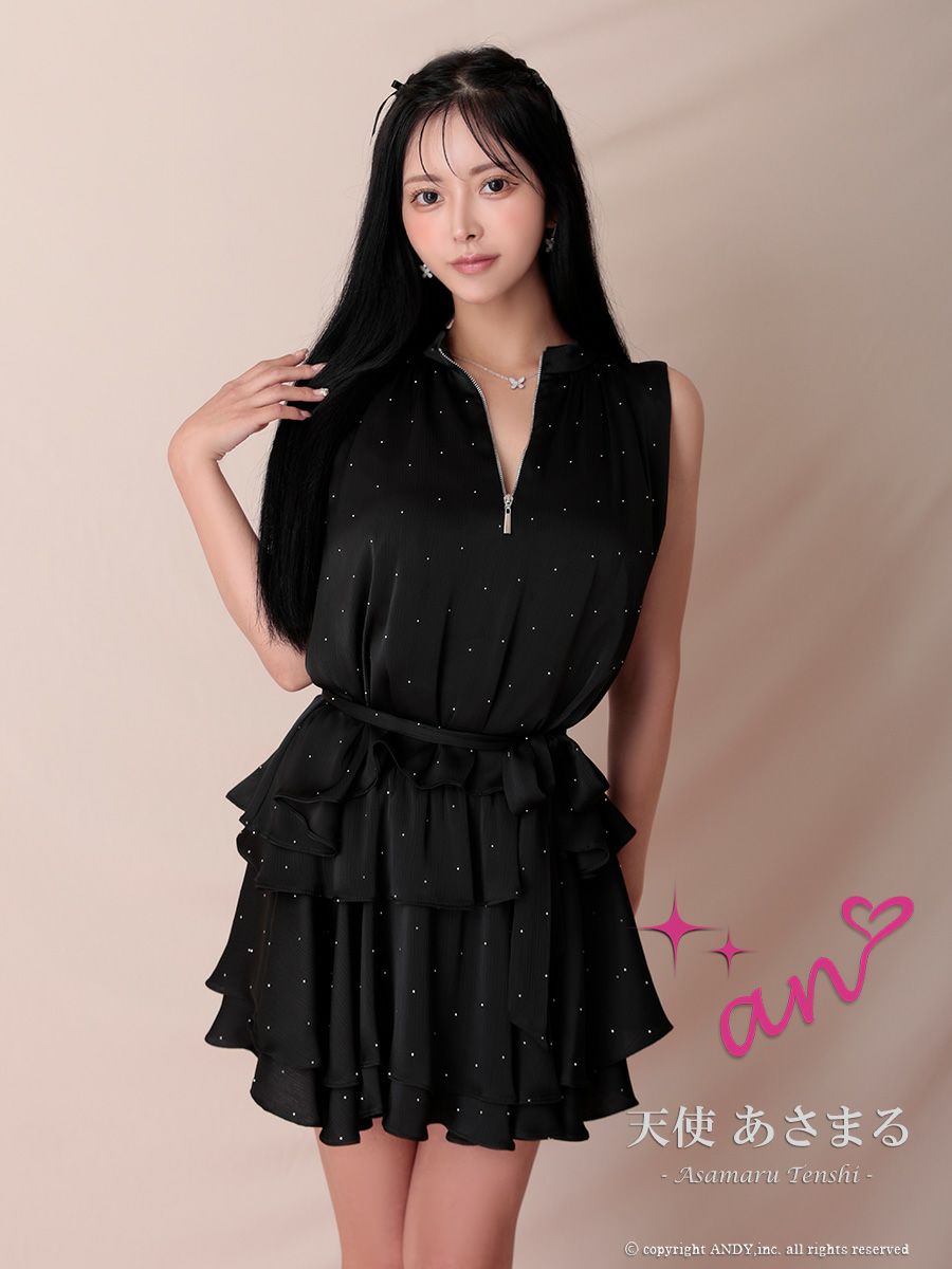 キャバドレス an セットアップ ジップデザイン ウエストリボン ノースリーブ フリル ビジュー フレアミニドレス