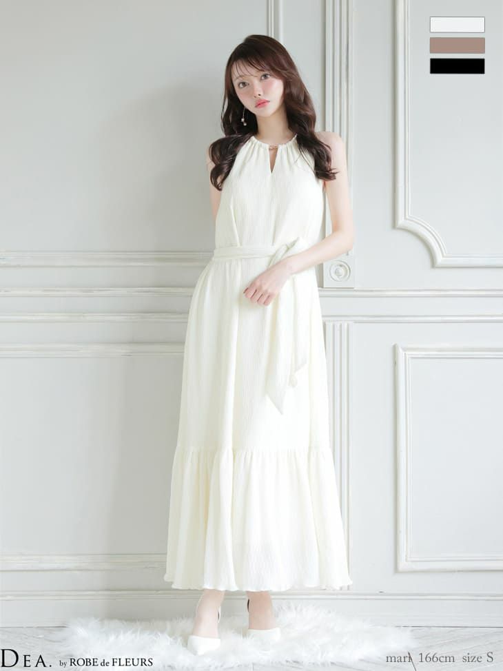 キャバドレス DEA.by ROBE de FLEURS ディア エレガント ノースリーブ Vネック ウエストリボン プリーツシフォン Aラインロングドレス
