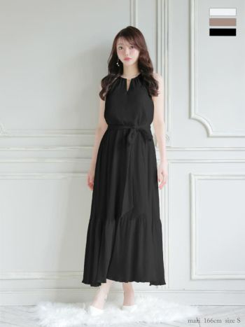 キャバドレス DEA.by ROBE de FLEURS ディア Vネック ウエストリボン プリーツシフォン エレガント ノースリーブ Aラインロングドレス