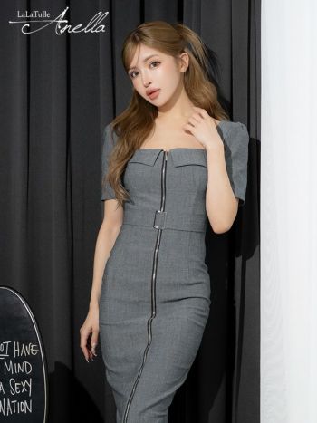 キャバドレス Anella アネラ ジップデザイン 袖あり ウエストベルト シンプル スクエアネック タイト 膝丈ドレス