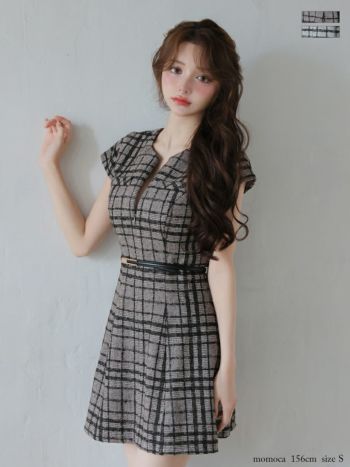 キャバドレス DEA. ROBE de FLEURS ディア ローブドフルール 半袖 チェック柄 ツイード プリーツスカート ウエストベルト フレアミニドレス