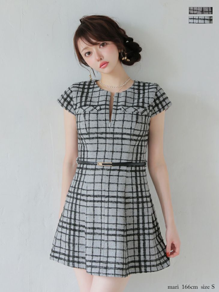 キャバドレス DEA. ROBE de FLEURS ディア ローブドフルール プリーツスカート ウエストベルト 半袖 チェック柄 ツイード フレアミニドレス