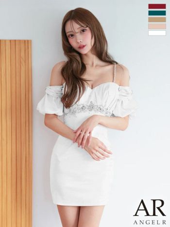 キャバドレス Angel R エンジェルアール 2way 肩あき フリル袖 袖あり リボンバストタック オフショルダー ビジュー タイトミニドレス