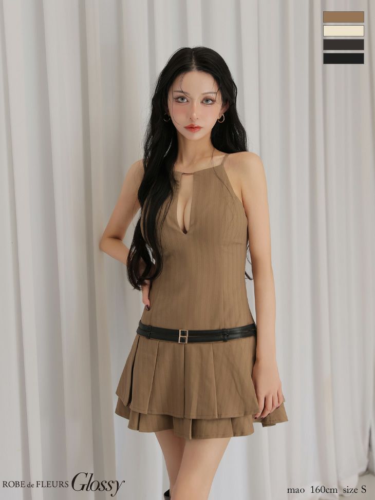キャバドレス Glossy ROBE de FLEURS グロッシー ローブドフルール ホルターネック ヘリンボーン レザーベルト プリーツスカート セクシー フレアミニドレス