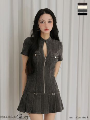 キャバドレス Glossy by ROBE de FLEURS グロッシー ジップデザイン ベルトデザイン プリーツ ワンカラー セクシー 半袖 フレアミニドレス