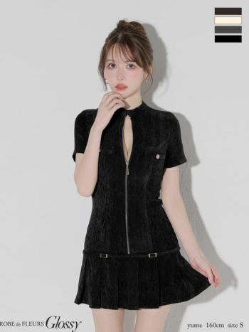 キャバドレス Glossy by ROBE de FLEURS グロッシー ベルトデザイン プリーツ ワンカラー セクシー 半袖 ジップデザイン フレアミニドレス