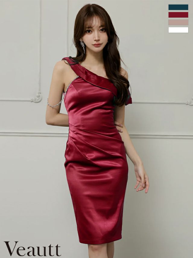キャバドレス Veautt ヴュート サテン アシンメトリー ワンショルダー エレガント ビジューチェーン スリット 膝丈ドレス