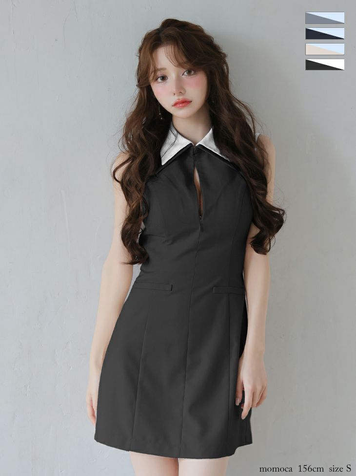 キャバドレス ROBEdeFLEURS ローブドフルール キーホールカット 襟付き ノースリーブ バイカラー シンプル ノースリーブ フレアミニドレス