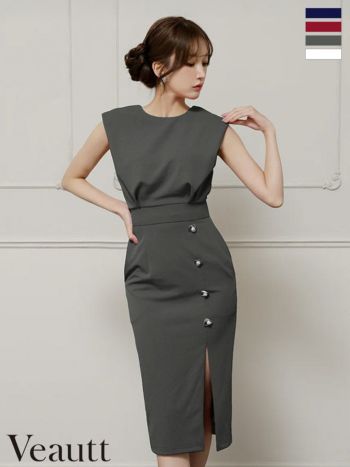キャバドレス Veautt ヴュート ノースリーブ シンプル スリット ウエストマーク ボタン ワンカラー 膝丈ドレス