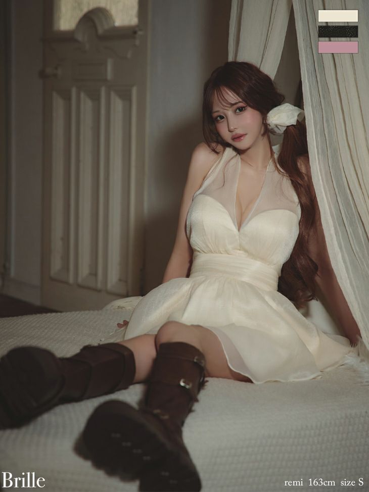 キャバドレス Brille ブリエ ホルターネック バックオープン ネックリボン チュール フレアミニドレス