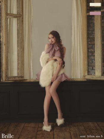 キャバドレス Brille ブリエ ネックリボン チュール ホルターネック バックオープン フレアミニドレス