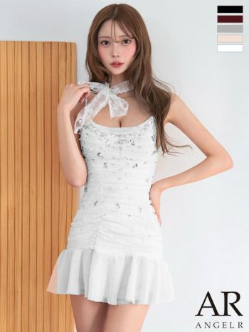 キャバドレス Angel R エンジェルアール キャミソール ウエストギャザー メッシュ ビジュー フリル フレアミニドレス