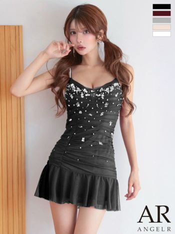 キャバドレス Angel R エンジェルアール キャミソール ウエストギャザー メッシュ ビジュー フリル フレアミニドレス