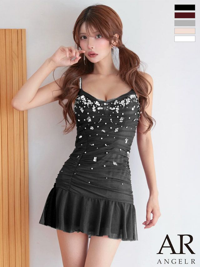 キャバドレス Angel R エンジェルアール キャミソール ウエストギャザー メッシュ ビジュー フリル フレアミニドレス