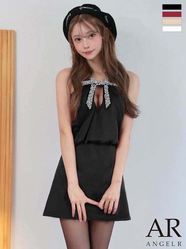 キャバドレス Angel R エンジェルアール ネックビジュー バストカット ホルターネック サテン タイトミニドレス