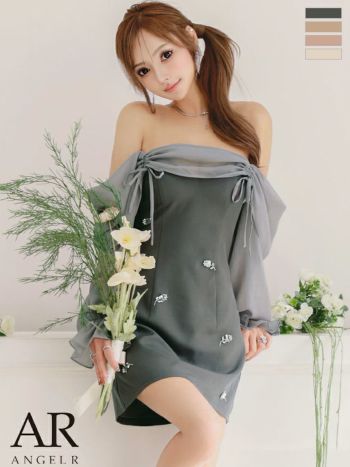 キャバドレス Angel R エンジェルアール フェミニン 2way オフショルダー 肩あき シアー 長袖 リボン フラワービジュー バイカラー フレアミニドレス