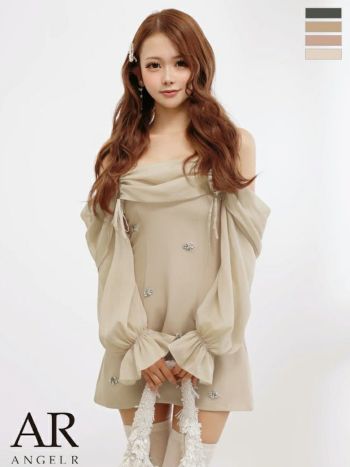 キャバドレス Angel R エンジェルアール 2way オフショルダー 肩あき シアー 長袖 リボン フラワービジュー バイカラー フェミニン フレアミニドレス