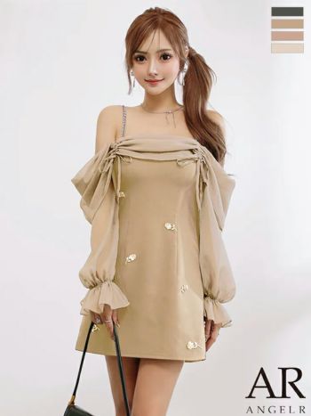 キャバドレス Angel R エンジェルアール オフショルダー 肩あき シアー 長袖 リボン フラワービジュー バイカラー フェミニン 2way フレアミニドレス