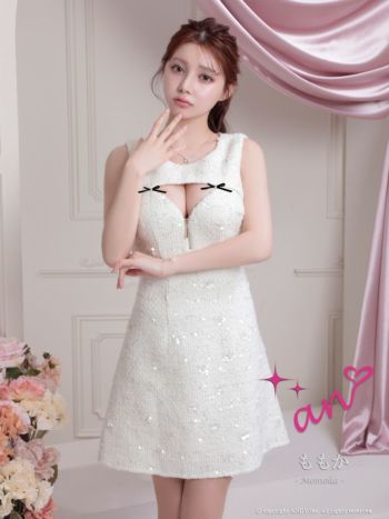 キャバドレス an ノースリーブ ジップデザイン ツイード バストカット リボン ラメ スパンコール フレアミニドレス