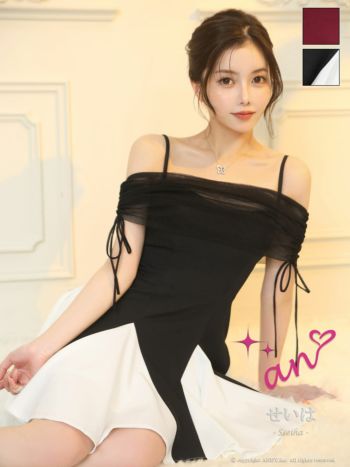 キャバドレス an 2way キャミソール 肩あき チュール リボン プリーツ フレアミニドレス