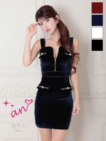 キャバドレス an ジップデザイン ノースリーブ ドット柄 ベロア チェーン タイトミニドレス