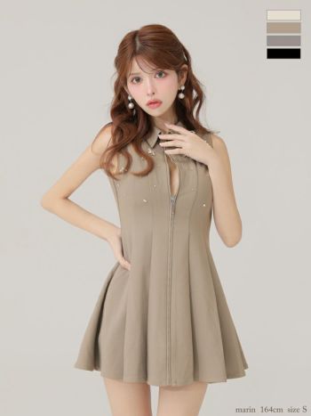 キャバドレス ROBEdeFLEURS ローブドフルール 襟付き プリーツスカート クラシカル ノースリーブ ジップデザイン フレアミニドレス