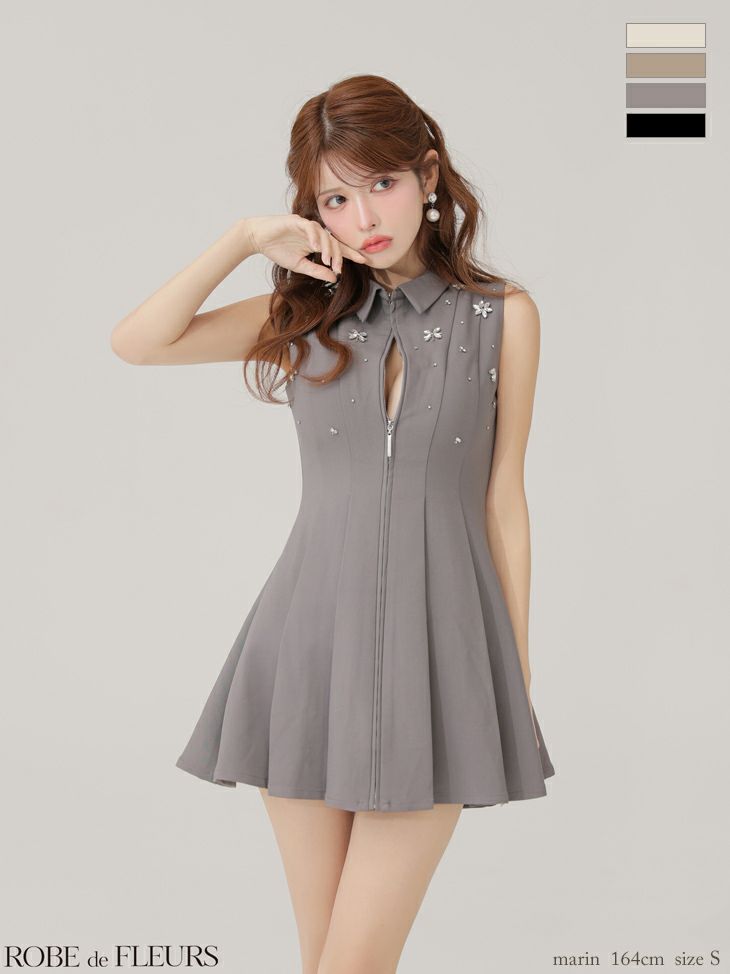キャバドレス ROBEdeFLEURS ローブドフルール ジップデザイン プリーツスカート 襟付き ノースリーブ クラシカル フレアミニドレス