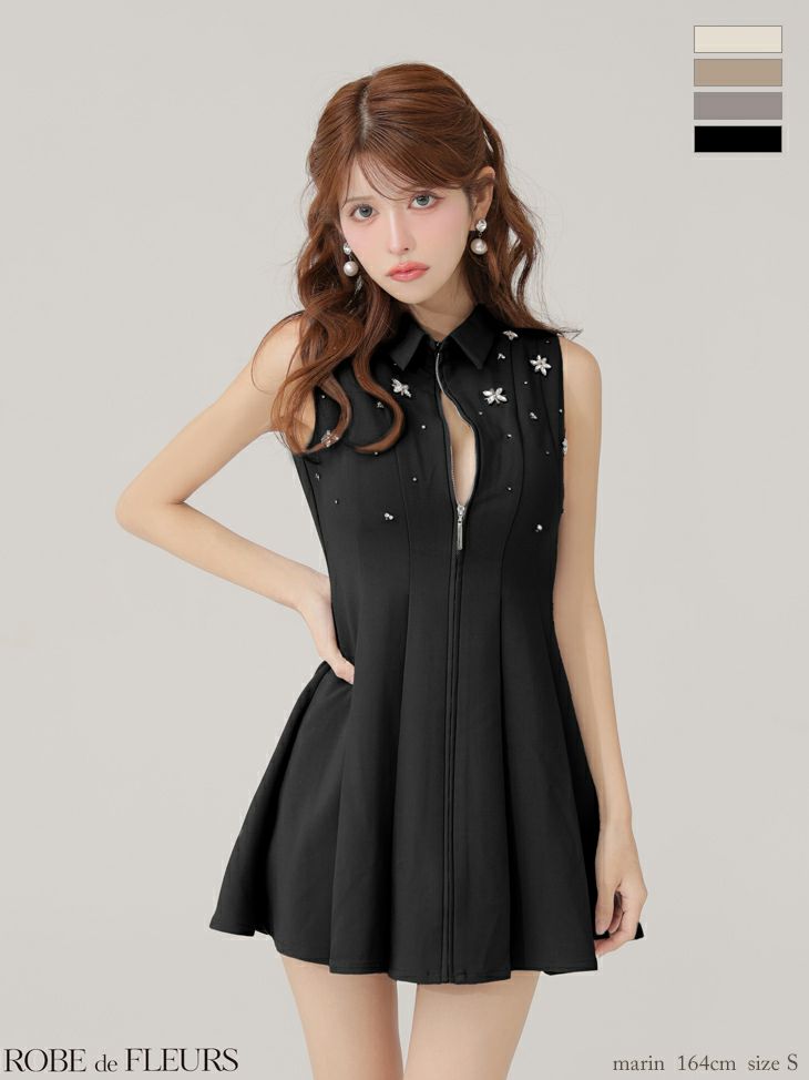 キャバドレス ROBEdeFLEURS ローブドフルール 襟付き プリーツスカート クラシカル ノースリーブ ジップデザイン フレアミニドレス 