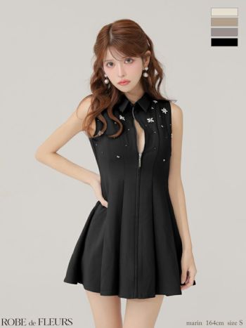キャバドレス ROBEdeFLEURS ローブドフルール 襟付き プリーツスカート クラシカル ノースリーブ ジップデザイン フレアミニドレス 