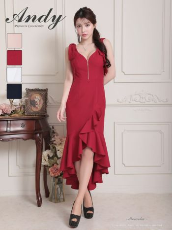 キャバドレス Andy ジップデザイン ショルダーリボン フリル ノースリーブ ワンカラー ロングテールドレス