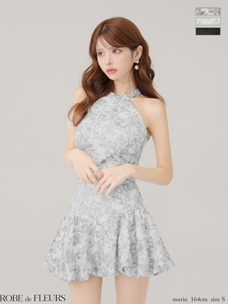 キャバドレス ROBEdeFLEURS ローブドフルール ホルターネック セットアップ ラメレース バックリボン 花柄ジャガードフレアミニドレス