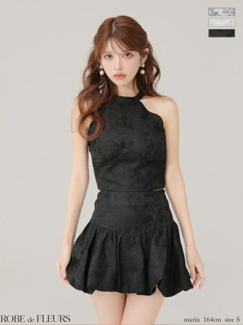 キャバドレス ROBEdeFLEURS ローブドフルール 花柄ジャガード セットアップ ホルターネック バックリボン ラメレース フレアミニドレス