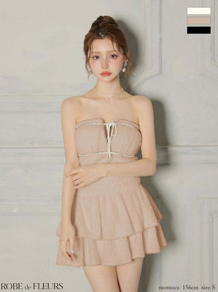 キャバドレス ROBEdeFLEURS ローブドフルール ジャギーニット セットアップ ベアトップ フリル ティアードスカート リボン ガーリー フレアミニドレス