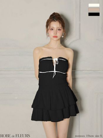 キャバドレス ROBEdeFLEURS ローブドフルール フリル ティアードスカート ベアトップ ジャギーニット セットアップ リボン ガーリー フレアミニドレス