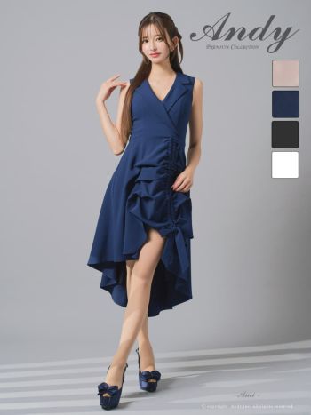 キャバドレス Andy 襟付き フリル ティアード ノースリーブ リボン ドローストリング ロングテールドレス