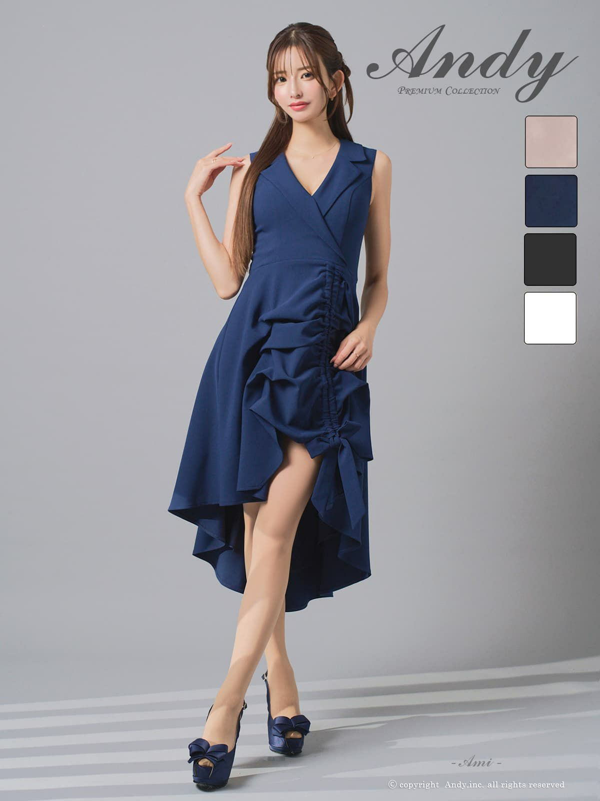 キャバドレス Andy 襟付き フリル ティアード ノースリーブ リボン ドローストリング ロングテールドレス