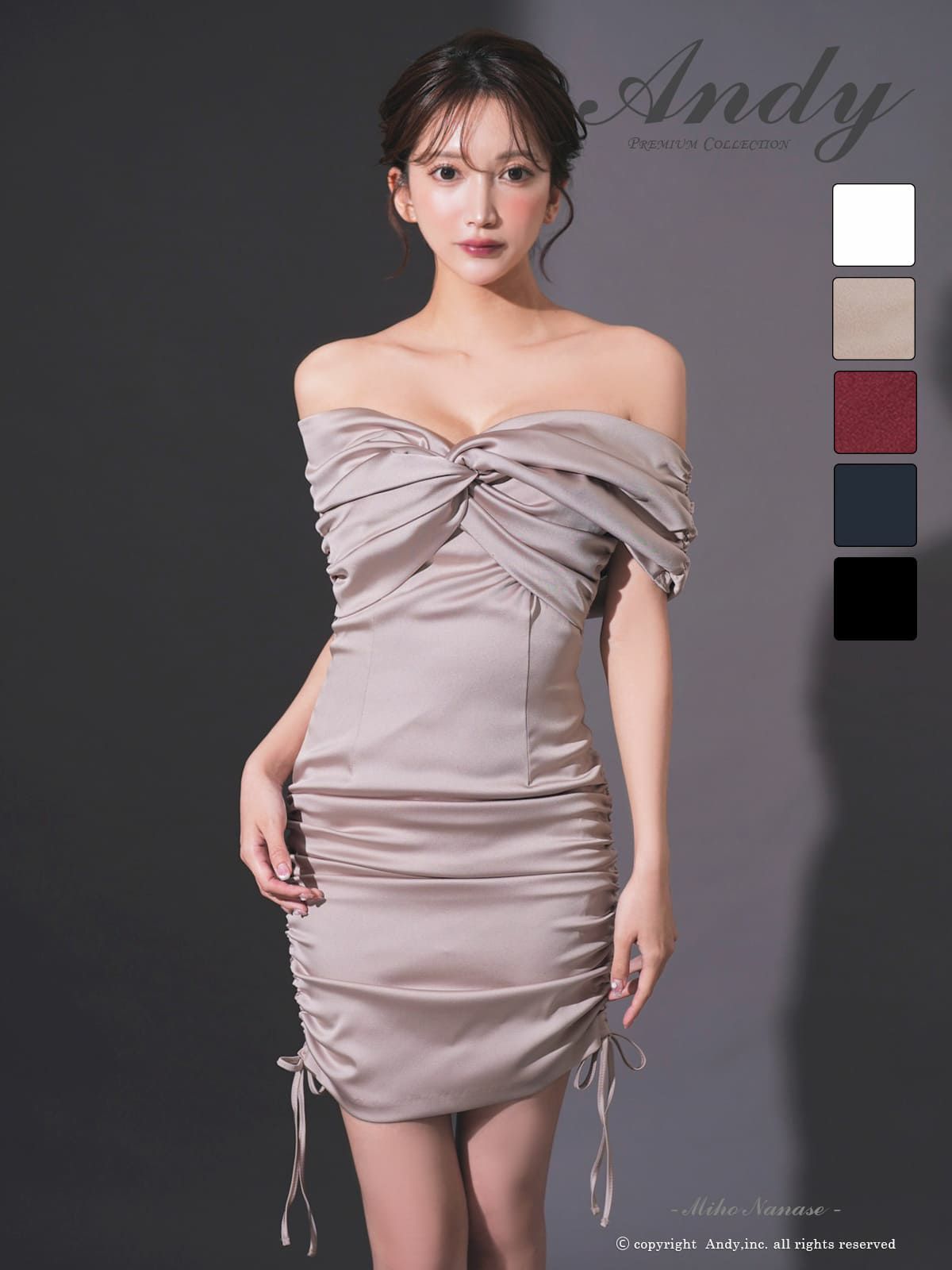 キャバドレス Andy バストクロス ギャザー オフショルダー サテン リボン ドローストリング タイトミニドレス