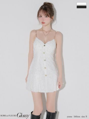 キャバドレス Glossy ROBE de FLEURS グロッシー ローブドフルール キャミソール フリンジジャガード レース ビジューボタン タイトミニドレス