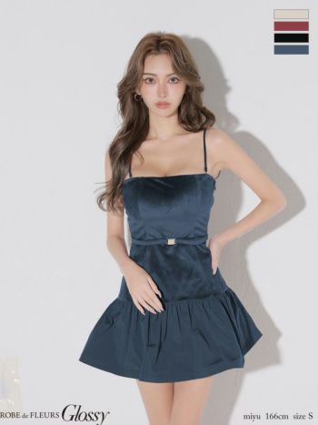 キャバドレス Glossy ROBE de FLEURS グロッシー ローブドフルール 2way ベアトップ キャミソール バルーン バックル ベロア フレアミニドレス