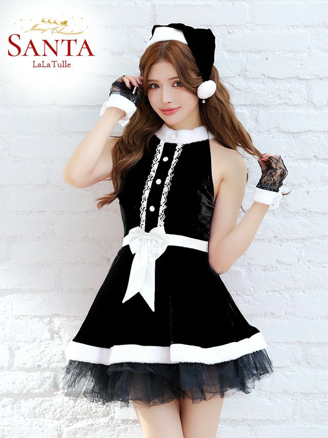 サンタコスプレ 4点セット ホルターネック リボン ブラックレース フレア サンタコスプレ