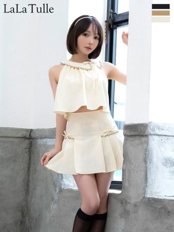 キャバドレス Angel R エンジェルアール ノースリーブ プリーツスカート リボン セットアップ 襟付き ポケット チェーン フレアミニドレス