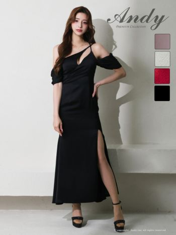 キャバドレス Andy バストカット クロスデザイン ワンショルダー タック スリット タイトロングドレス