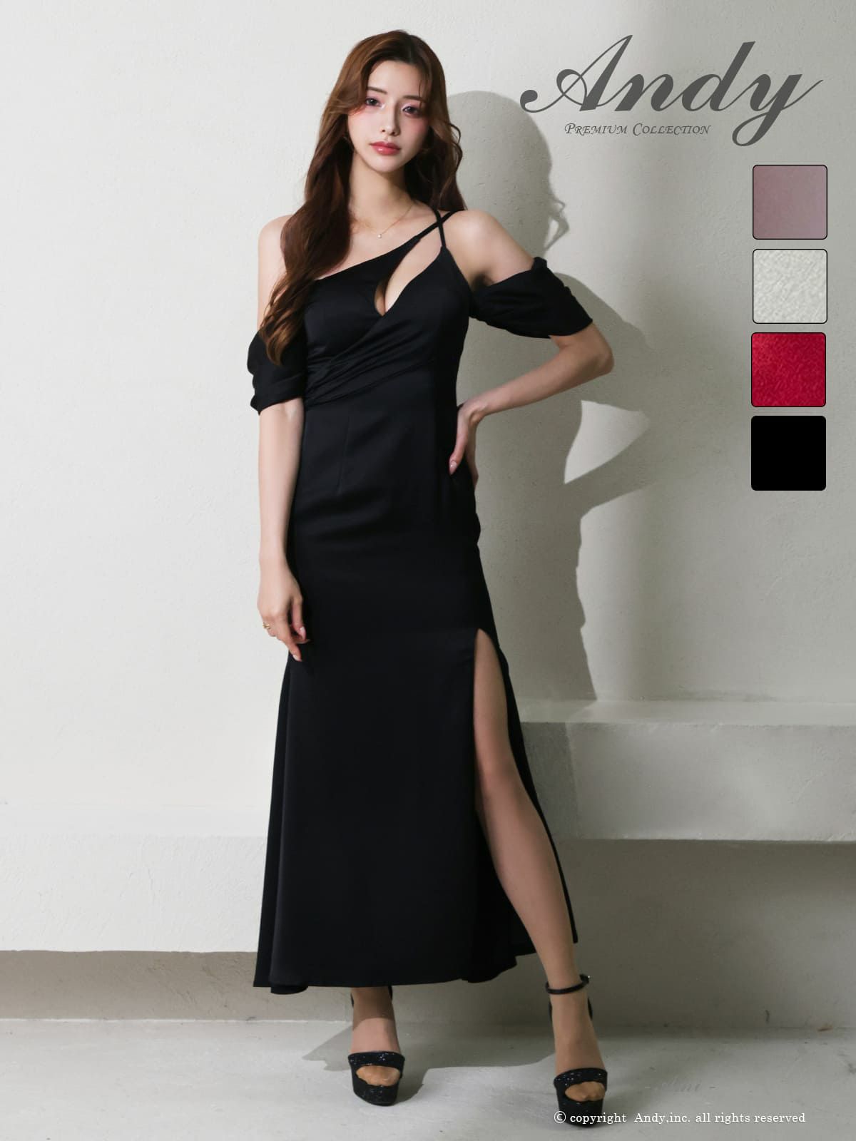 キャバドレス Andy バストカット クロスデザイン ワンショルダー タック スリット タイトロングドレス