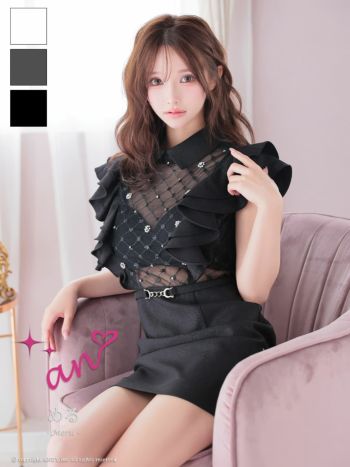 キャバドレス an ノースリーブ ジップデザイン くびれ透け チェック柄 襟付き ビジュー フリル タイトミニドレス