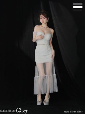 キャバドレス Glossy ROBE de FLEURS グロッシー ローブドフルール チュール シースルー ドレープ オフショルダー ラメニット セットアップ Aラインロングドレス