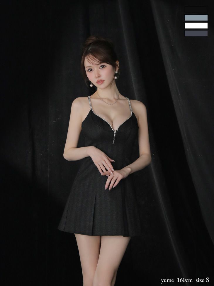 キャバドレス Glossy ROBE de FLEURS グロッシー ローブドフルール キャミソール ジップデザイン バックオープン　シンプル Vカット プリーツスカート フレアミニドレス