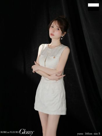 キャバドレス Glossy ROBE de FLEURS グロッシー ローブドフルール ノースリーブ ジップデザイン レザー Vネック シンプル ゴールドボタン タイトミニドレス 